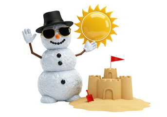 Isolated Snowman on Vacation Building a Sandcastle Under the Sun