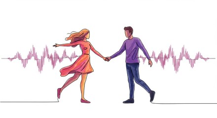 Music festival date. Couple dancing together with vibrant soundwaves in background  