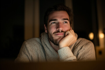 Nervous young man waits excitedly in a cozy space for an anticipated entrance during the evening hours