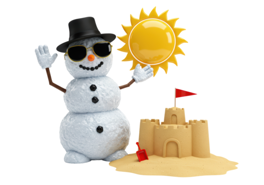 Isolated Snowman on Vacation Building a Sandcastle Under the Sun