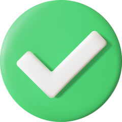 3D green checkmark icon on a circular button representing success and approval. Correct choice or confirmation symbol for web interface.