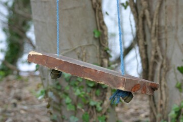 Close up of handmade wooden swing in woodland