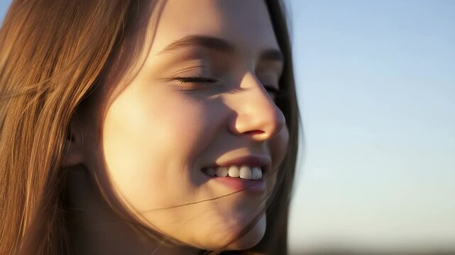 A young woman with her eyes closed smiles gently in the warm glow of golden hour sunlight, with a soft blue sky in the background