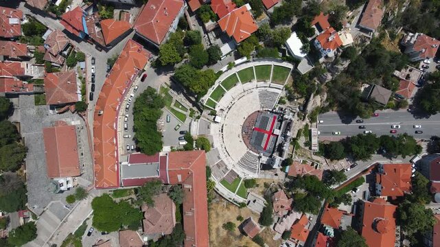 Top View Of The Ancient Theatre Of Philippopolis In Plovdiv, Bulgaria. Aerial Drone Shot