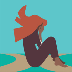 dorogaA depressed women sits alone on crossroute, embracing his knees, moment of despair. Self-flagellation, paranoia anxiety fears mental health concept