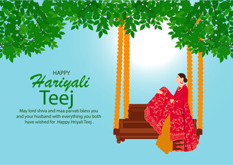 Happy Hariyali Teej Illustration with Woman on Traditional Swing Under Green Canopy