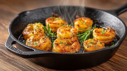 Fresh garlic butter prawns meal in a hot cast iron pan delicious seafood dinner rustic kitchen setting
