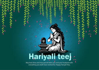 Hariyali Teej Illustration with Woman Praying to Lord Shiva Amidst Green Vines