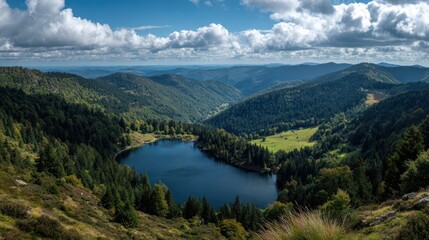Scenic mountain lake surrounded by forests under a cloudy sky in the distance