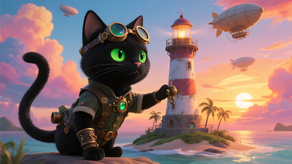 Adorable steampunk black cat with goggles operating a vintage lighthouse on a tropical island at sunset, whimsical 3D rendered illustration