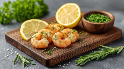 Fresh prawn dinner dish seasoned with herbs and lemon seafood delight in a cozy kitchen environment