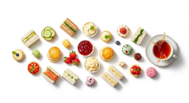 An exquisite high tea spread with assorted finger sandwiches, scones, mini tarts, pastries, fresh berries, clotted cream, jam, and a teacup with splashing tea