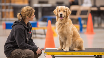 Happy dog sitting attentively beside trainer at dog ground, showcasing training partnership for canine health and fitness, ideal for one-on-one coaching and pet wellness programs.