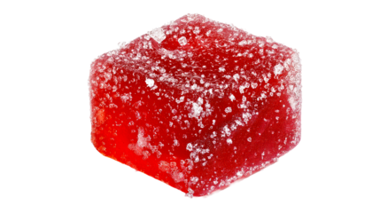Bright red cube of jelly candy with a textured surface