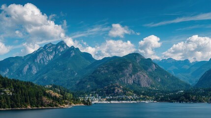Obraz premium Majestic mountains rise over the water, embraced by a vibrant and scenic landscape