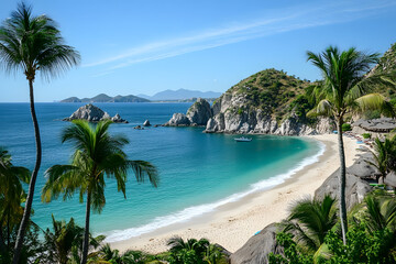 a beach with palm trees and a boat in the water