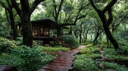Fototapeta premium forest lodge embraced by tamarind trees and natural greenery peaceful retreat in nature