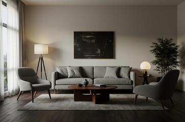 Modern Living Room with Grey Sofa and Abstract Dark Art