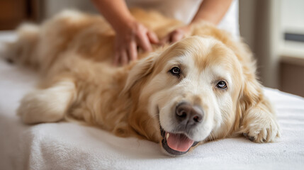 Content golden retriever receives therapeutic massage on spa table, skilled hands easing muscle tension for enhanced mobility and wellbeing, perfect for canine rehabilitation centers and pet wellness 
