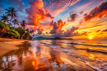 A breathtaking tropical beach at sunset, with vibrant orange and pink clouds reflected in the calm ocean water and palm trees silhouetted against the sky