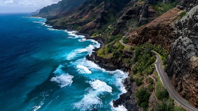 Aerial view of cliffside road weaving across ocean view