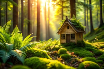A tiny, mosscovered cottage nestled in a sundappled forest, with sunlight streaming through the trees and illuminating lush ferns