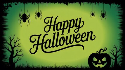 Happy Halloween: Spooky Green Grunge Background with Jack-o'-Lantern and Spiders