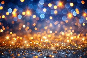 A vibrant bokeh background filled with sparkling gold and blue lights creates a festive and magical atmosphere for celebrations