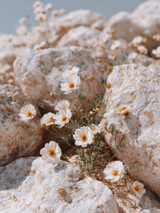 A close-up of wildflowers blooming among rocky terrain under a clear blue sky capturing the beauty of natural mountain landscape