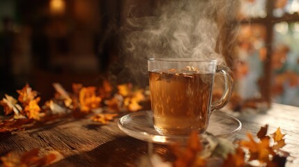 Hot cup of herbal tea sits on a wooden table surrounded by autumn leaves, steam rising gently, creating a cozy atmosphere perfect for relaxation and comfort