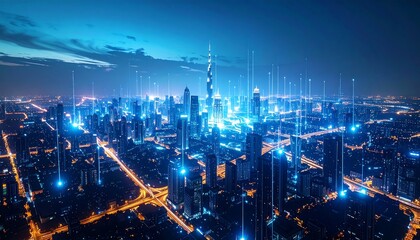 Fototapeta premium Aerial view of a futuristic city at night. Digital lines connect the buildings