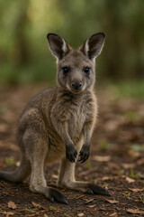Fototapeta premium Cute Baby Kangaroo Hopping Around Green Australian Outback Landscape