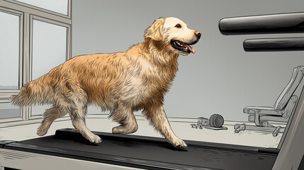 Illustrated golden retriever running on treadmill in dog gym, embodying canine vitality through fitness training, promoting pet health care and longevity, ideal for veterinary blogs and pet care brand
