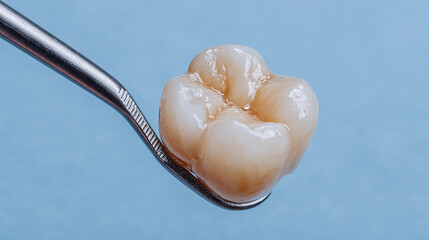 A detailed close-up of a dental crown held by a dental tool against a soft blue background representing dental care and restoration