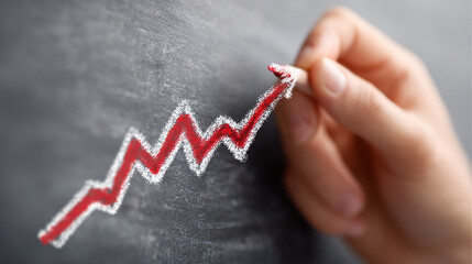 A hand drawing a red upward trending growth chart on a blackboard symbolizing business success and financial progress
