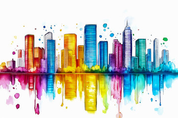 Fototapeta premium Colorful city skyline reflecting in water during a vibrant artistic interpretation of an urban landscape