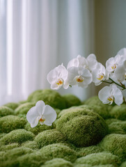 A serene close-up of white orchid flowers blooming gracefully over lush green moss balls in soft natural light
