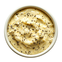 White bowl with mustard sauce dip, side and top view, food bundle, isolated on fully transparent png background