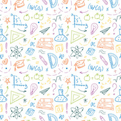 Seamless pattern with hand-drawn school supplies. Chemistry, geometry, and physics in doodle style. Education concept - Back to school. Colorful outline doodles.