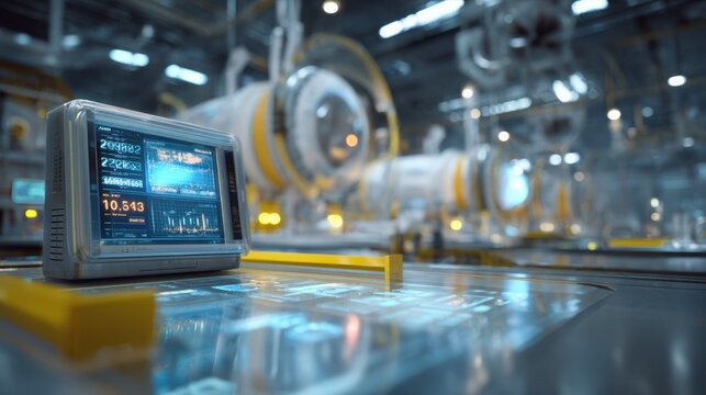 Futuristic radiation detection device featuring digital readouts and graphical data, monitoring assembly pods in a high tech factory for safety and efficiency in manufacturing