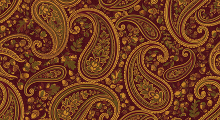 An elegant and intricate seamless paisley pattern with an autumn theme, featuring classic boteh shapes interwoven with oak leaves and acorns.