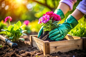 Hands wearing green gloves carefully plant vibrant pink flowers into a wooden crate filled with rich soil