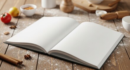 Fototapeta premium Open Blank Cookbook or Recipe Book on Wooden Kitchen Table with Baking Ingredients and Utensils