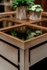close up of modern wooden table with glass top and clean square edges. Elegant design with houseplants reflected on its surface. Perfect for contemporary interior decoration and product display.
