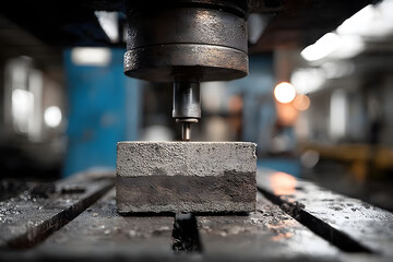 Concrete block undergoes compression testing in a laboratory setting. Illustrates construction material science for durability in engineering.