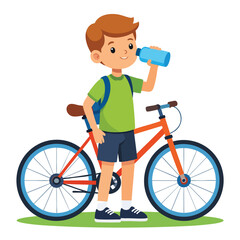 Cartoon boy with backpack drinking water next to a bicycle on a patch of grass.