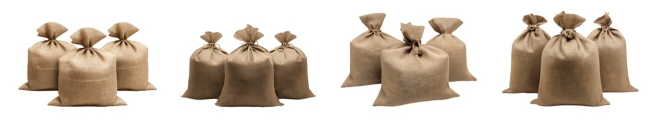 Collection of various Pile of sandbags isolated on transparent background