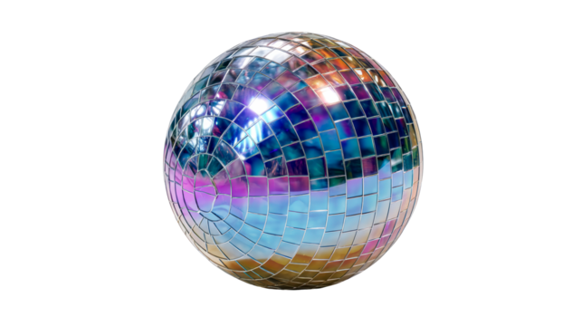Disco ball reflecting colorful lights in transparent background