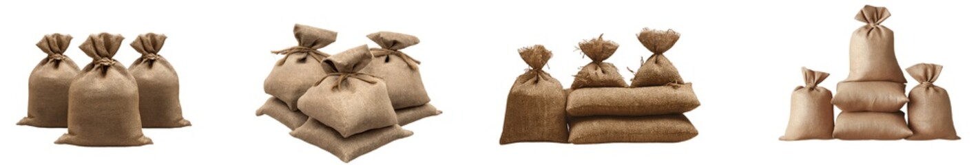 Collection of various Pile of sandbags isolated on transparent background