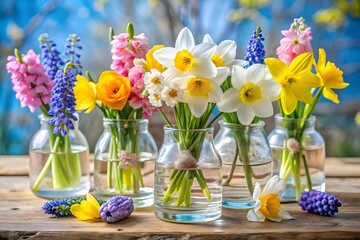 A vibrant collection of colorful spring flowers including daffodils and hyacinths are arranged in glass vases on a wooden surface